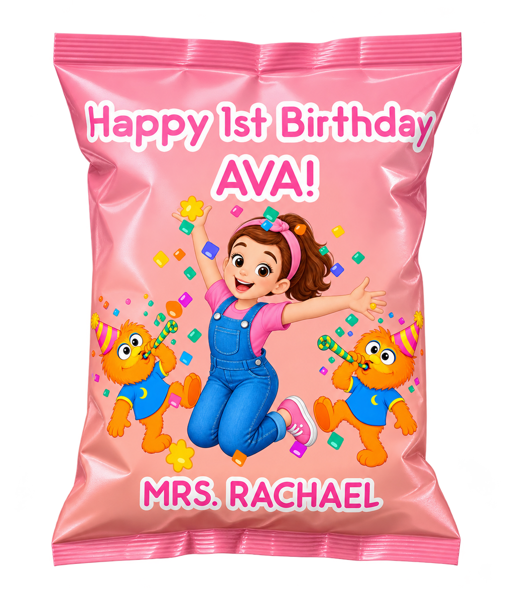 Pink Ms. Rachel-inspired personalized chip bag mockup for Ava's first birthday — sample custom design