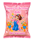 Pink Ms. Rachel-inspired personalized chip bag mockup for Ava's first birthday — sample custom design