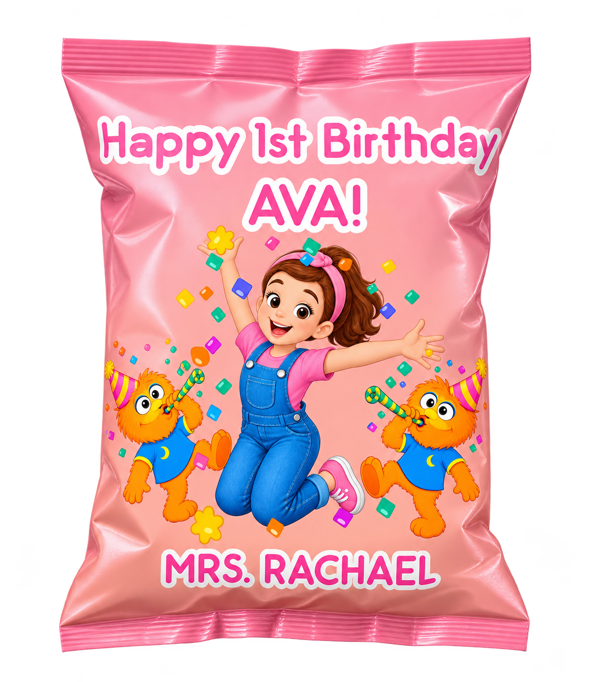 Pink Ms. Rachel-inspired personalized chip bag mockup for Ava's first birthday — sample custom design