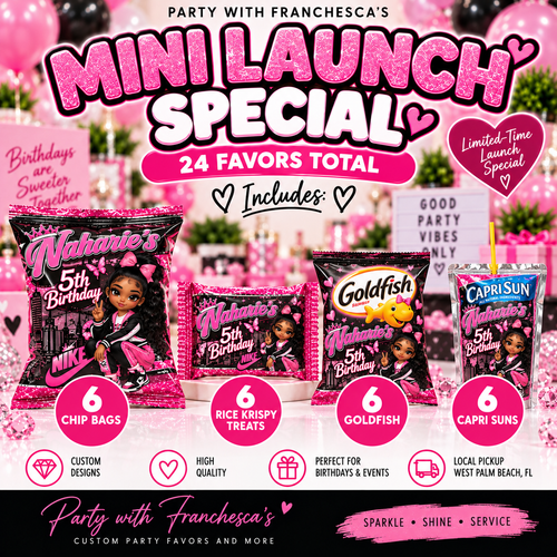 Mini Launch Special with 6 chip bags, 6 Rice Krispies treats, 6 Goldfish favors, and 6 Capri Sun juice pouches