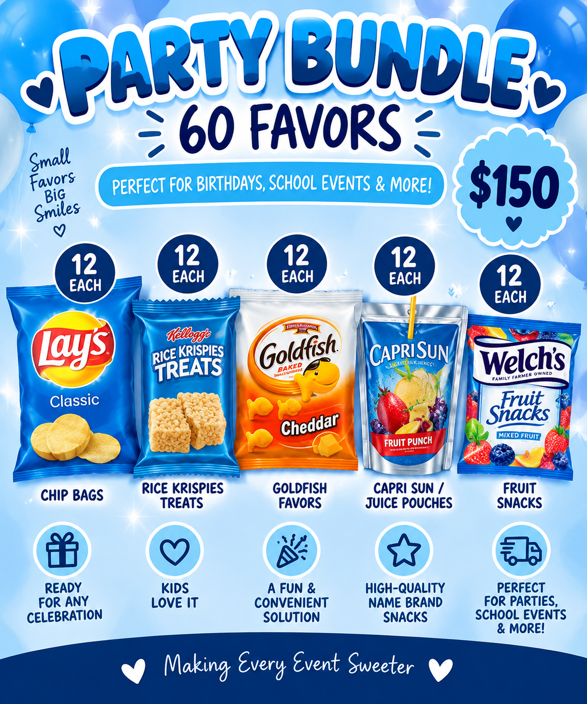 Party Bundle with 12 chip bags, 12 Rice Krispies treats, 12 Goldfish favors, 12 Capri Sun juice pouches, and 12 fruit snacks